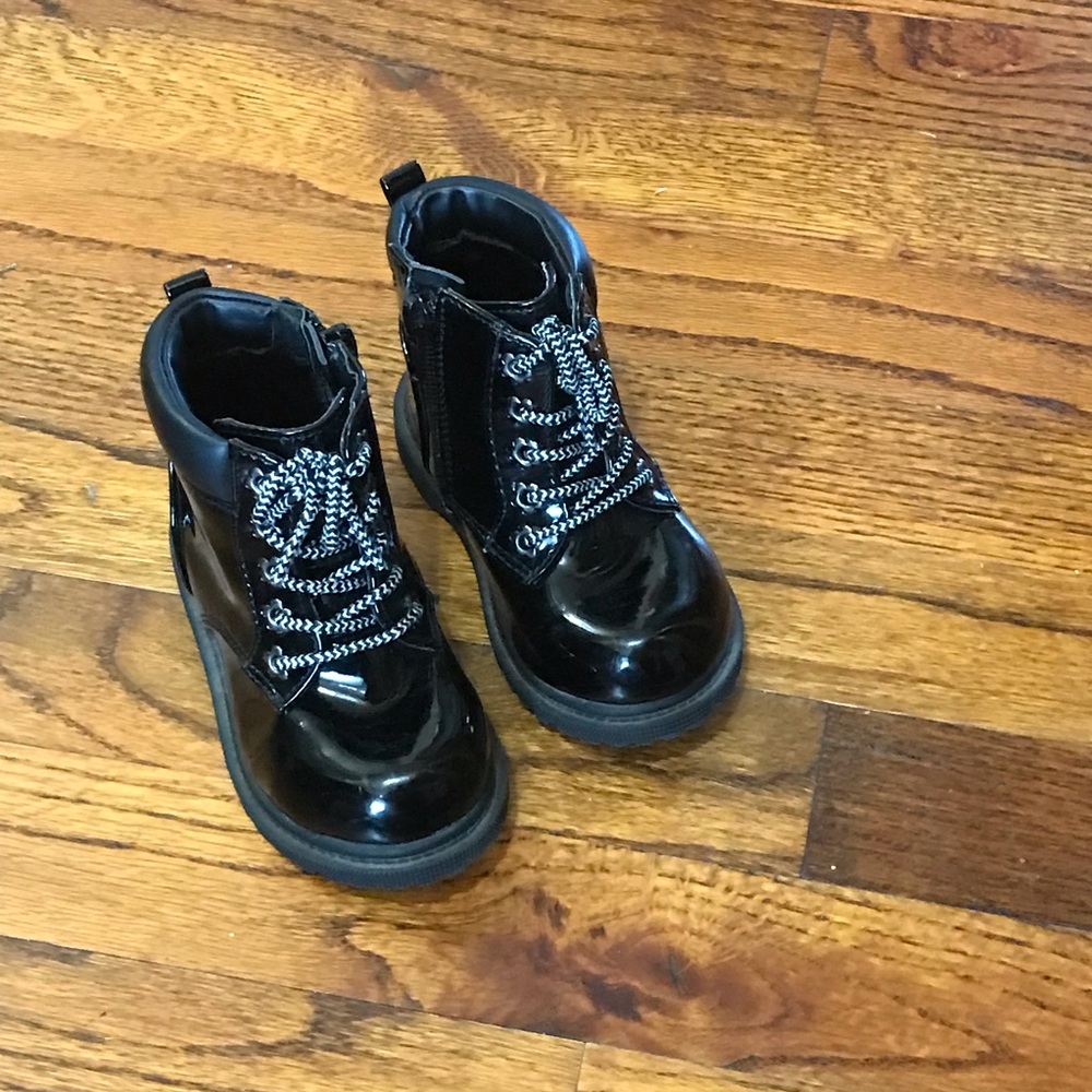 Baby Girls Wonder Nation Black Combat Boots Booties Side Zipper w/ Lace Up Shoes